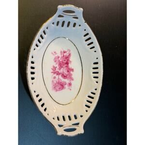 Antique Hand-Painted Floral Dish: German Porcelain with Gold Trim